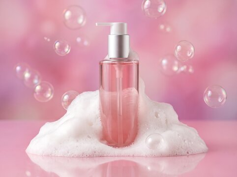 Pink cosmetic bottle with pump dispenser surrounded by soap foam and bubbles on a pink background