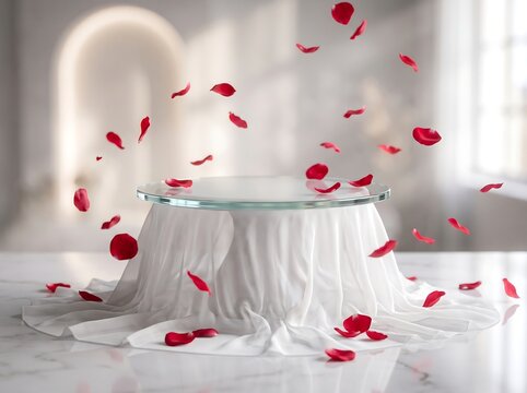 Elegant product display stand with white fabric drape and falling red rose petals