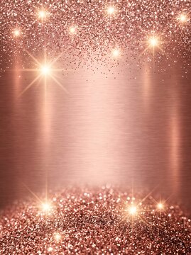 Rose gold glitter background with sparkling lights and metallic texture