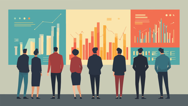 Diverse group of professionals observing multiple data visualization dashboards, concept for analytics, business strategy and financial reporting.