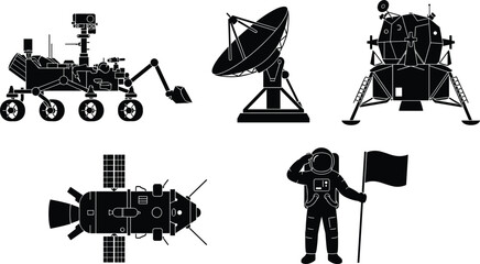 Space Exploration Vector Set with Mars Rover Satellite Dish Lunar Lander Space Capsule and Astronaut Flag © MstAnjuAra