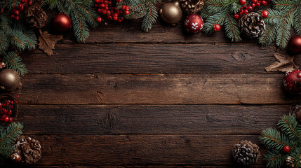 Obraz premium Festive Christmas background on dark wood featuring pine branches, cones, candy canes, red berries, angel wings, and gifts at top with copy space. 