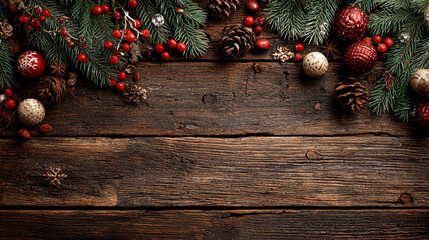 Fototapeta premium Festive Christmas background on dark wood featuring pine branches, cones, candy canes, red berries, angel wings, and gifts at top with copy space. 