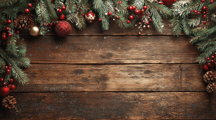 Obraz premium Festive Christmas background on dark wood featuring pine branches, cones, candy canes, red berries, angel wings, and gifts at top with copy space. 