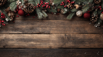 Obraz premium Festive Christmas background on dark wood featuring pine branches, cones, candy canes, red berries, angel wings, and gifts at top with copy space. 