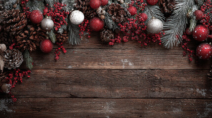 Fototapeta premium Festive Christmas background on dark wood featuring pine branches, cones, candy canes, red berries, angel wings, and gifts at top with copy space. 
