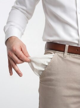 Man in white shirt pulling out empty pockets symbolizing business failure and financial debt