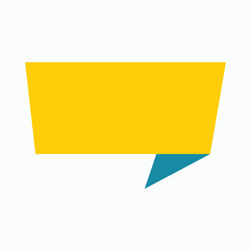 Bright yellow speech bubble with blue accent in sharp angled shape, graphic design element for announcements and communication, isolated on white background.