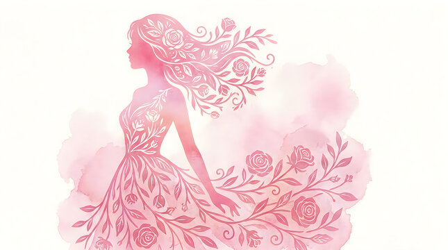 Artistic watercolor illustration showing silhouette of woman with floral hair design.