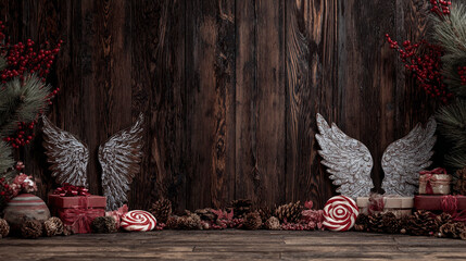 Obraz premium Festive Christmas background on dark wood featuring pine branches, cones, candy canes, red berries, angel wings, and gifts at top with copy space. 