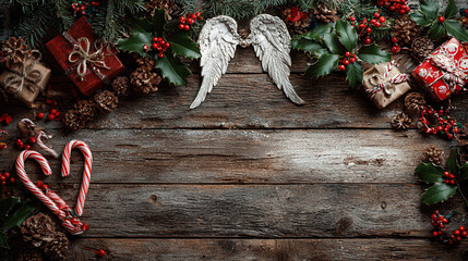 Obraz premium Festive Christmas background on dark wood featuring pine branches, cones, candy canes, red berries, angel wings, and gifts at top with copy space. 