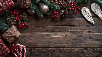 Obraz premium Festive Christmas background on dark wood featuring pine branches, cones, candy canes, red berries, angel wings, and gifts at top with copy space. 