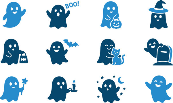 Cute Halloween Ghost Character Icon Set. Waving ghost, boo ghost, pumpkin bucket, witch hat, candy bag, bat, cat hug, tombstone, magic wand, candle, night moon stars, vector graphic elements