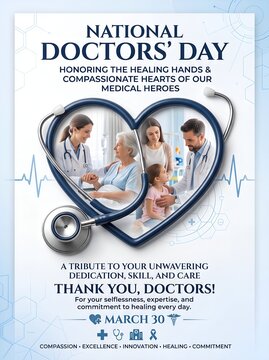 National doctors day creative graphic with stethoscope and medical consultation imagery, white coat