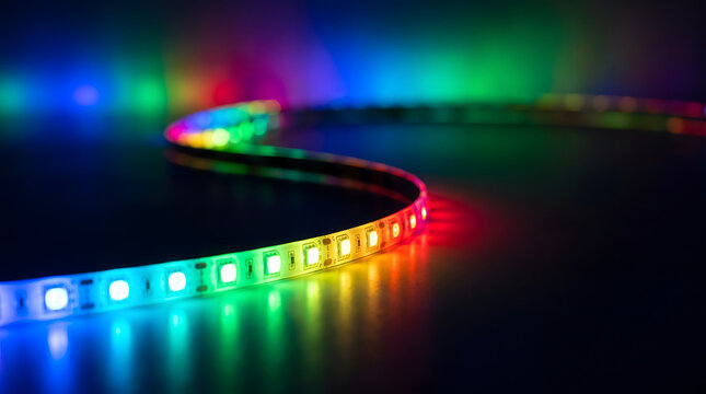 Colorful LED strip light glowing in a curved shape with close-up detail