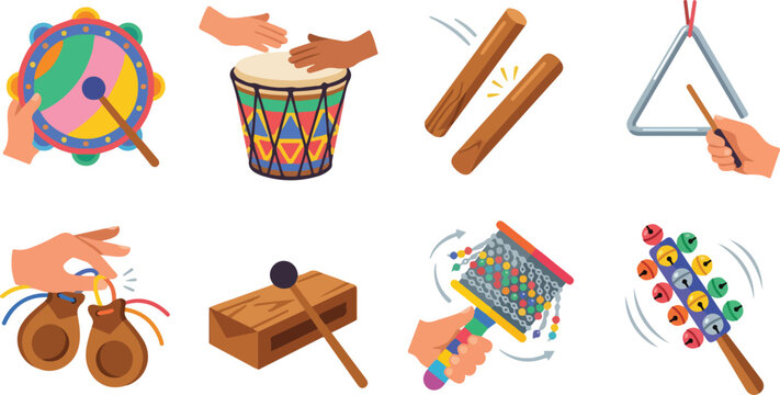   
Percussion instrument vector illustrations featuring tambourine, hand drum, rhythm sticks, triangle, castanets, wood block, guiro, jingle stick designs