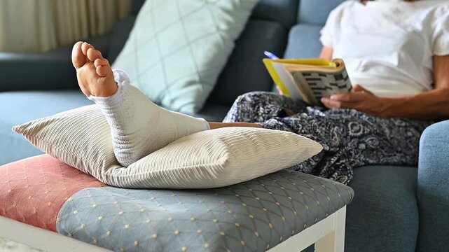 Woman recovering at home with injured foot bandage resting on stool while solving crossword puzzle, home recovery lifestyle and self care concept, active mind