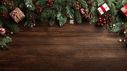 Obraz premium Festive Christmas background on dark wood featuring pine branches, cones, candy canes, red berries, angel wings, and gifts at top with copy space. 