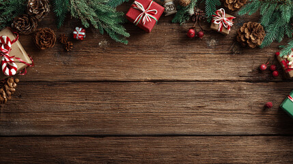 Obraz premium Festive Christmas background on dark wood featuring pine branches, cones, candy canes, red berries, angel wings, and gifts at top with copy space. 