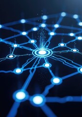 Obraz premium A futuristic security interface displaying glowing blue light nodes and intricate data pathways to represent advanced biometric protection, tech, identity, virtual