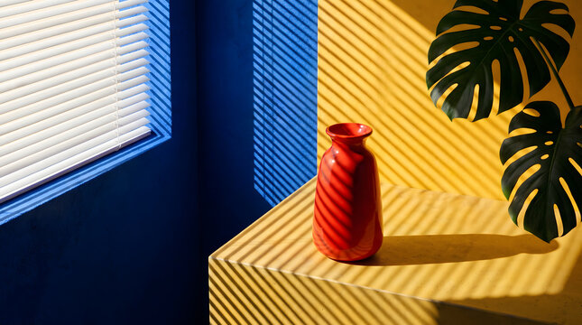 Red vase placed on striped光影 tabletop with window shadow and monstera leaf