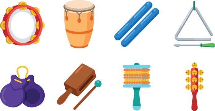   
Percussion instrument vector illustrations featuring tambourine, hand drum, rhythm sticks, triangle, castanets, wood block, guiro, jingle stick designs