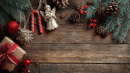Obraz premium Festive Christmas background on dark wood featuring pine branches, cones, candy canes, red berries, angel wings, and gifts at top with copy space. 