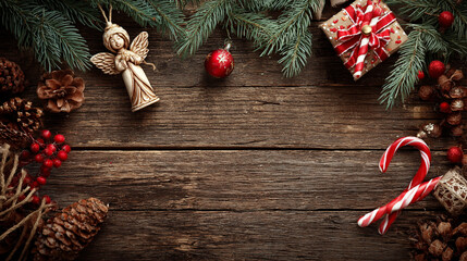 Obraz premium Festive Christmas background on dark wood featuring pine branches, cones, candy canes, red berries, angel wings, and gifts at top with copy space. 