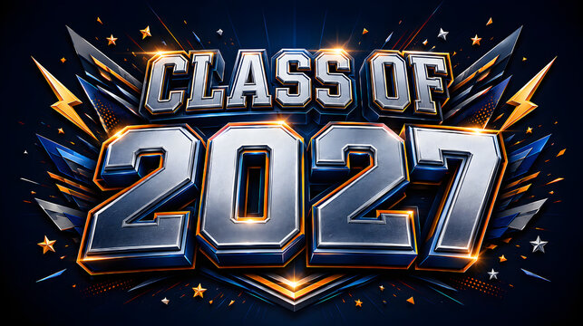 Dynamic 3d metallic text design for class of 2027 graduation with electric blue and gold accents