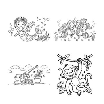 Cute coloring page set for kids. Vector illustrations of mermaid, monkey, and construction truck.