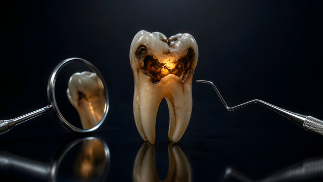 Glowing infected tooth with inflamed cavity interior and dental mirror. Concept of acute pulpitis pain, emergency oral surgery, and nerve infection.