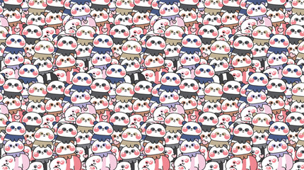 Seamless pattern featuring a dense collection of cute cartoon panda bear faces with pink cheeks © MDFERDOUS