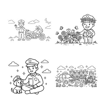 Police officer coloring page set. Cute cartoon law enforcement characters for kids.