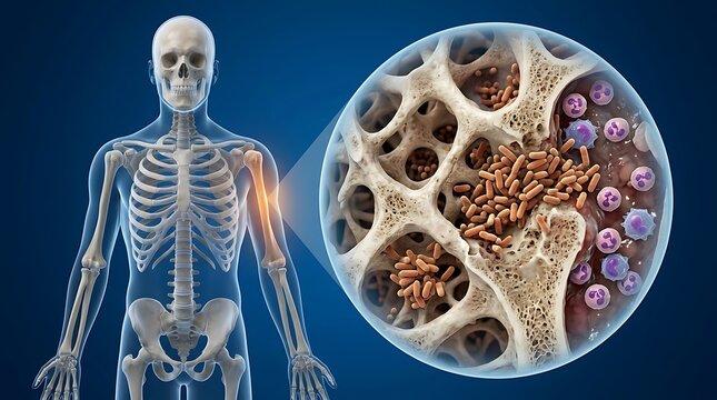 Skeleton showing a magnified view of bacterial infection inside porous bone tissue to illustrate osteomyelitis pathology.