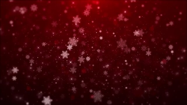 Red snowflake holiday background drifting white flakes, soft stars, festive winter sparkle. Christmas