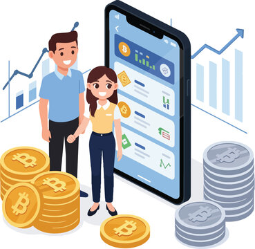 Happy couple with Bitcoin and crypto trading app on smartphone, isometric view, concept for digital finance, investment planning and cryptocurrency growth.