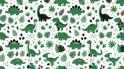 Seamless pattern featuring cute green dinosaurs and tropical leaves on a white background, for kids textile © MDFERDOUS