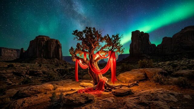 Ancient desert tree glowing with red light under aurora borealis night sky for nature and travel content