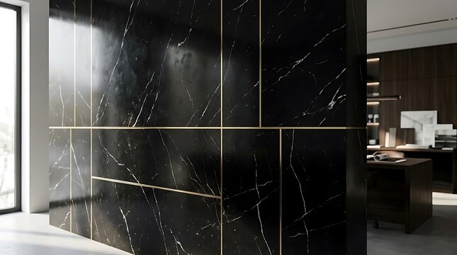 Black marble wall with decorative gold inlay lines.