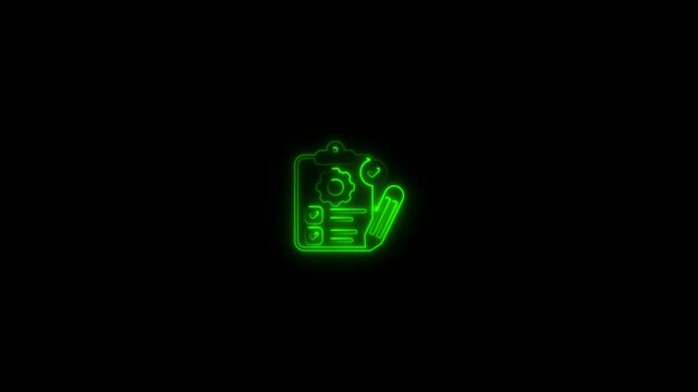 Glowing Neon Green Technical Report Clipboard Icon Animation Loop on Black Background for Project Planning, Maintenance Checklist, Service Quality, and Business Management Concept 4k stock  video. 