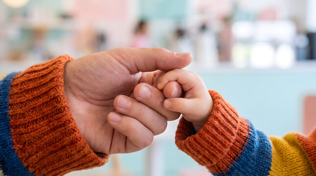 Adult and child holding hands in a warm intimate close up moment