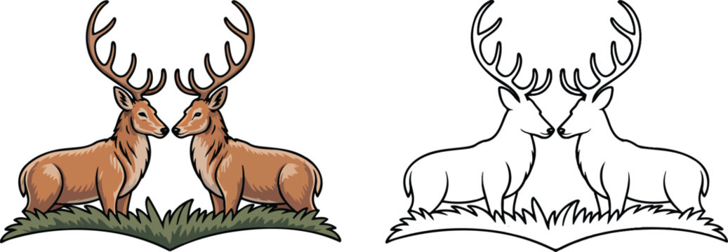 Two deer standing illustration & outline set isolated on transparent background 