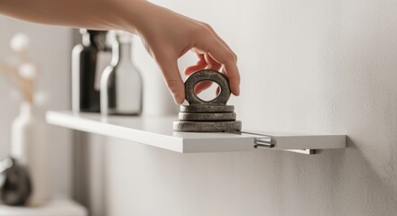 Naklejka premium Demonstration of weight testing on a newly installed invisible bracket floating shelf to prove strength and stability.
