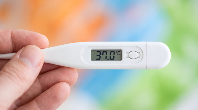 A hand holding a digital thermometer displaying a normal body temperature of 37.0 degrees Celsius