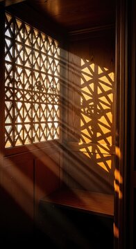 Warm light streams through a decorative wooden lattice inside a dark confessional booth, highlighting textures of polished timber and dust, light, geometric, holy