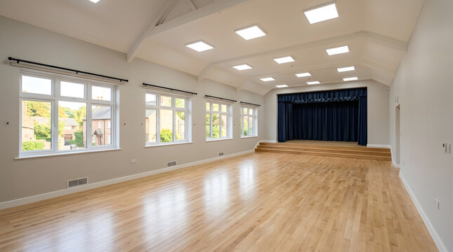 empty community hall with stage and wooden floor | spacious multi-purpose function room for hire | modern interior of a village hall with vaulted ceiling | bright school auditorium with blue stage cur