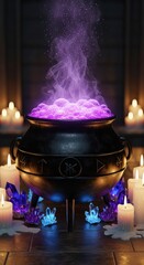 Fototapeta premium A mystical black cauldron overflows with bubbling purple potion, set among flickering candles and glowing crystals in a dark ritual chamber, bubbling, mystical, herbs