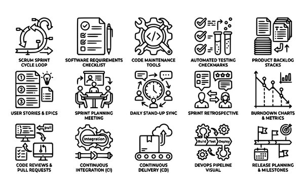 Modern Agile development web icon vector set with editable stroke symbols for Scrum sprint testing and software maintenance