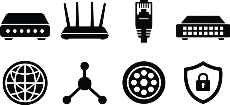 Network server router and internet hardware connection black solid glyph icon set vector featuring ethernet switch cable and security shield,