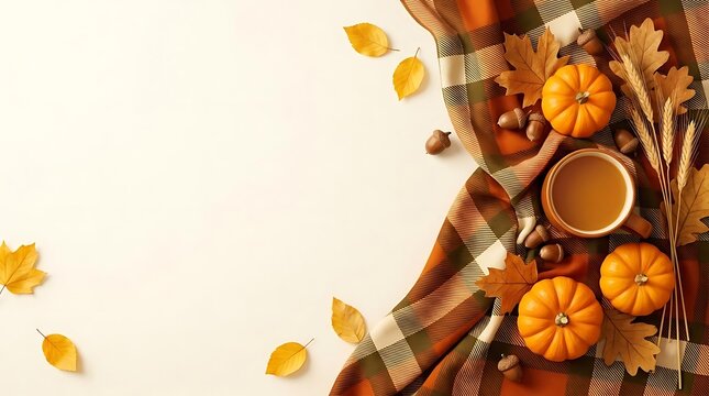 Fall flat lay with plaid blanket and pumpkins.